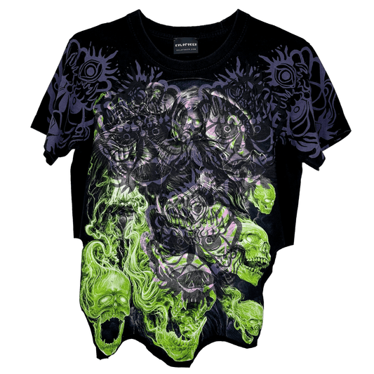 Neon and Chinese Skulls Crop T-Shirt